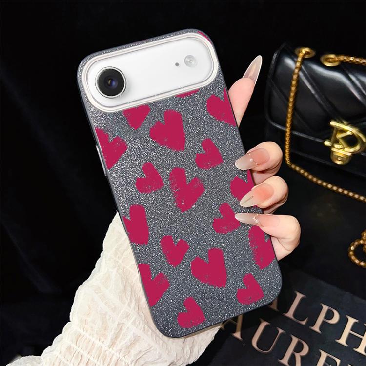 Custodia per telefono ibrida in PC e TPU con motivo a cuori rosso rosa e glitter IMD, For iPhone 17e / 16e, For iPhone 17 Pro Max, For iPhone 17 Pro, For iPhone 17, For iPhone Air, For iPhone 16 Pro Max