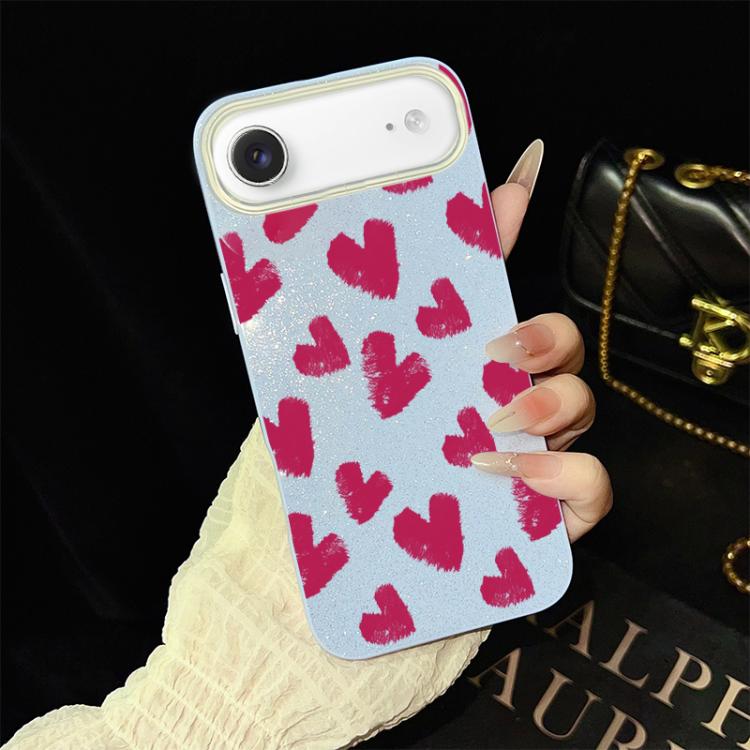 Custodia per telefono ibrida in PC e TPU con motivo a cuori rosso rosa e glitter IMD, For iPhone 17e / 16e, For iPhone 17 Pro Max, For iPhone 17 Pro, For iPhone 17, For iPhone Air, For iPhone 16 Pro Max