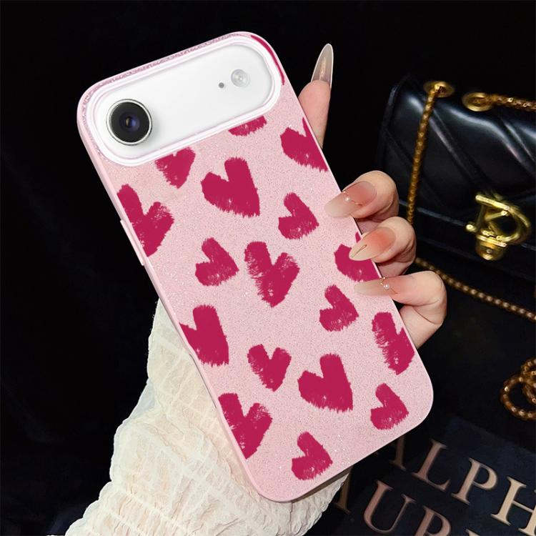 Custodia per telefono ibrida in PC e TPU con motivo a cuori rosso rosa e glitter IMD, For iPhone 17e / 16e, For iPhone 17 Pro Max, For iPhone 17 Pro, For iPhone 17, For iPhone Air, For iPhone 16 Pro Max