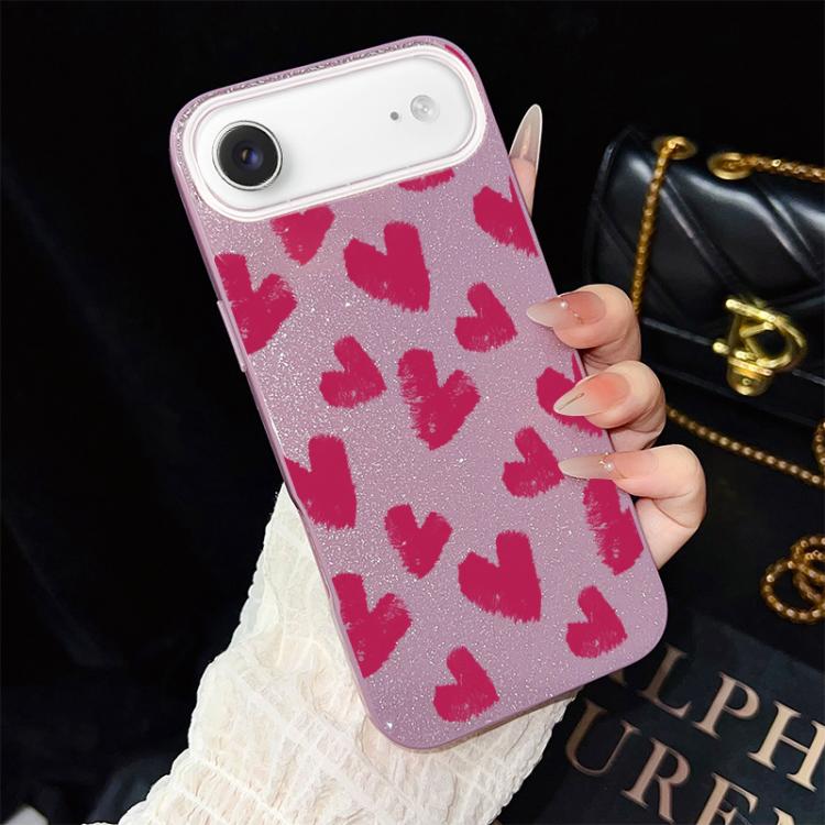 Custodia per telefono ibrida in PC e TPU con motivo a cuori rosso rosa e glitter IMD, For iPhone 17e / 16e, For iPhone 17 Pro Max, For iPhone 17 Pro, For iPhone 17, For iPhone Air, For iPhone 16 Pro Max