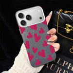 Custodia per telefono ibrida in PC e TPU con motivo a cuori rosso rosa e glitter IMD, For iPhone 17e / 16e, For iPhone 17 Pro Max, For iPhone 17 Pro, For iPhone 17, For iPhone Air, For iPhone 16 Pro Max