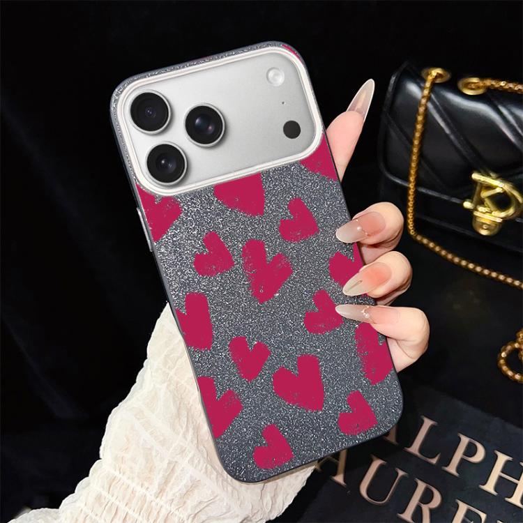 Custodia per telefono ibrida in PC e TPU con motivo a cuori rosso rosa e glitter IMD, For iPhone 17e / 16e, For iPhone 17 Pro Max, For iPhone 17 Pro, For iPhone 17, For iPhone Air, For iPhone 16 Pro Max