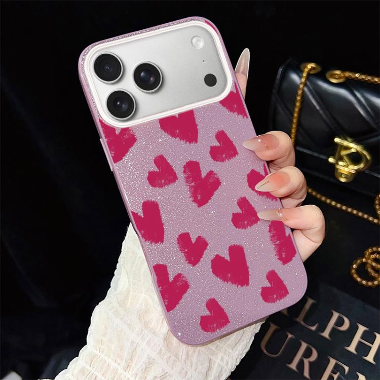 Custodia per telefono ibrida in PC e TPU con motivo a cuori rosso rosa e glitter IMD, For iPhone 17e / 16e, For iPhone 17 Pro Max, For iPhone 17 Pro, For iPhone 17, For iPhone Air, For iPhone 16 Pro Max
