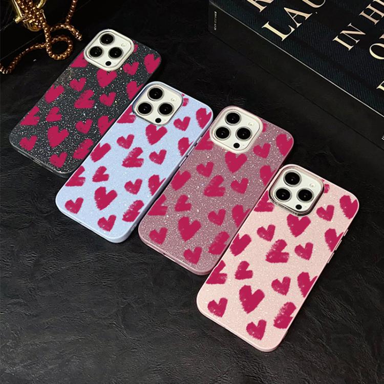 Custodia per telefono ibrida in PC e TPU con motivo a cuori rosso rosa e glitter IMD, For iPhone 17e / 16e, For iPhone 17 Pro Max, For iPhone 17 Pro, For iPhone 17, For iPhone Air, For iPhone 16 Pro Max