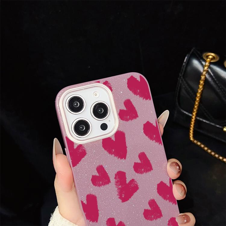 Custodia per telefono ibrida in PC e TPU con motivo a cuori rosso rosa e glitter IMD, For iPhone 16 Pro, For iPhone 16 Plus, For iPhone 16, For iPhone 15 Pro Max, For iPhone 15 Pro, For iPhone 15 Plus