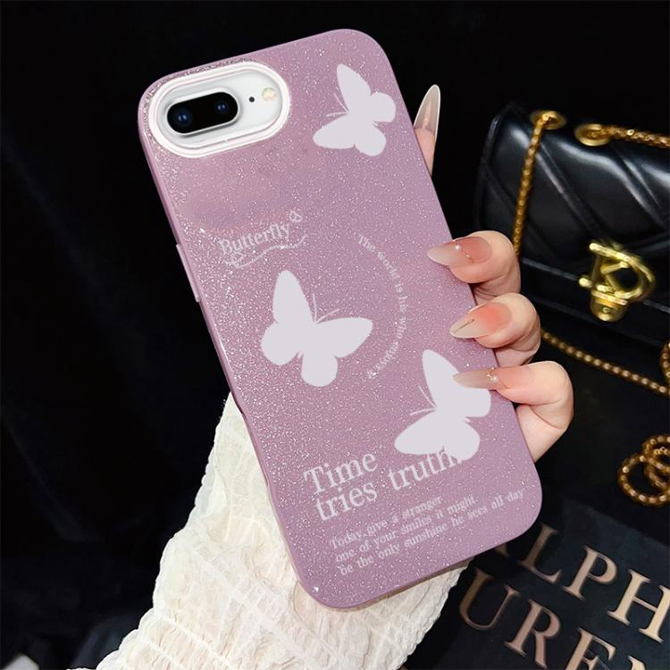 Custodia per telefono ibrida in PC e TPU con motivo a farfalle bianche e glitter IMD., For iPhone 8 Plus / 7 Plus, For iPhone 6 Plus / 6s Plus, For iPhone 6 / 6s