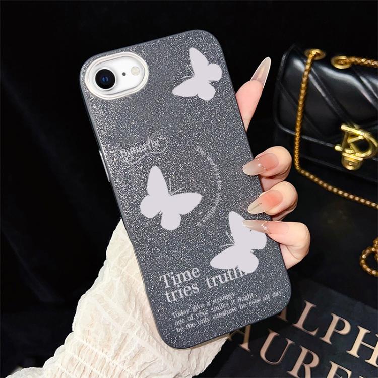 Custodia per telefono ibrida in PC e TPU con motivo a farfalle bianche e glitter IMD., For iPhone 15, For iPhone 14 Plus, For iPhone 14, For iPhone 14 Pro, For iPhone 14 Pro Max, For iPhone SE 2022 / SE 2020