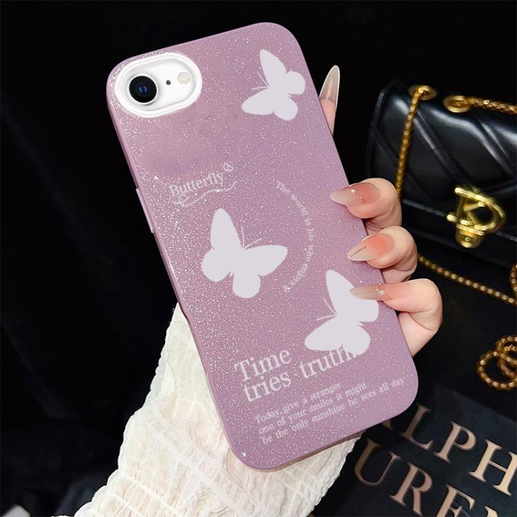 Custodia per telefono ibrida in PC e TPU con motivo a farfalle bianche e glitter IMD., For iPhone 15, For iPhone 14 Plus, For iPhone 14, For iPhone 14 Pro, For iPhone 14 Pro Max, For iPhone SE 2022 / SE 2020
