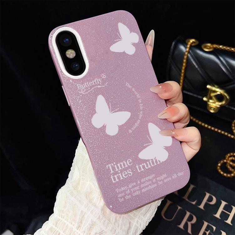Custodia per telefono ibrida in PC e TPU con motivo a farfalle bianche e glitter IMD., For iPhone 11 Pro Max, For iPhone 11, For iPhone 11 Pro, For iPhone XS / X, For iPhone XR, For iPhone XS Max