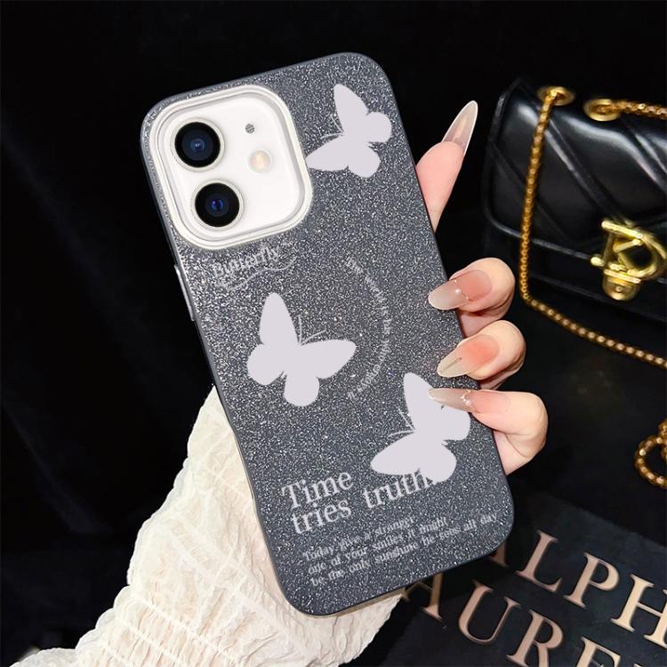 Custodia per telefono ibrida in PC e TPU con motivo a farfalle bianche e glitter IMD., For iPhone 11 Pro Max, For iPhone 11, For iPhone 11 Pro, For iPhone XS / X, For iPhone XR, For iPhone XS Max