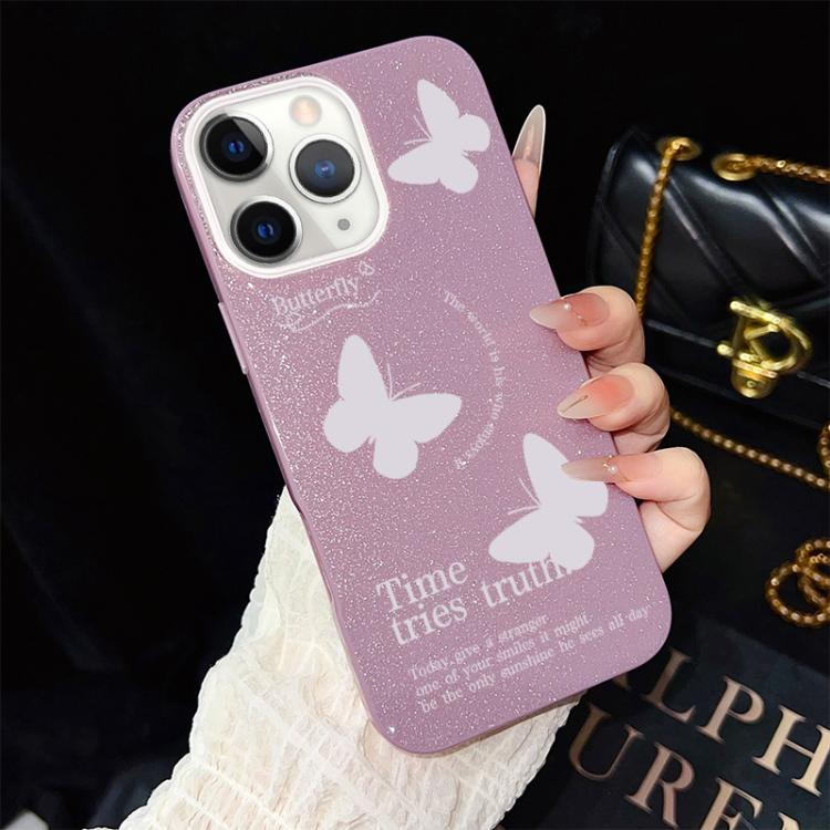 Custodia per telefono ibrida in PC e TPU con motivo a farfalle bianche e glitter IMD., For iPhone 11 Pro Max, For iPhone 11, For iPhone 11 Pro, For iPhone XS / X, For iPhone XR, For iPhone XS Max