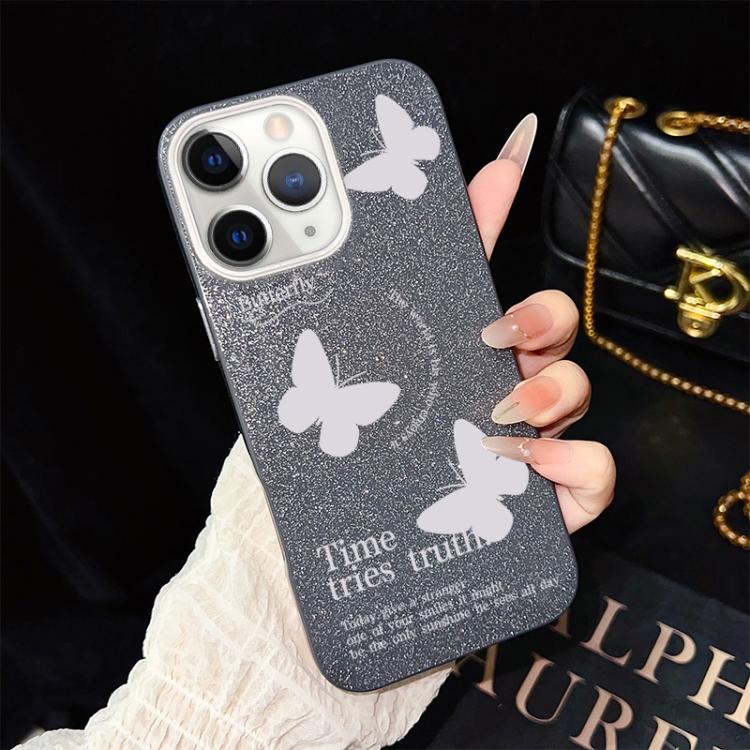 Custodia per telefono ibrida in PC e TPU con motivo a farfalle bianche e glitter IMD., For iPhone 11 Pro Max, For iPhone 11, For iPhone 11 Pro, For iPhone XS / X, For iPhone XR, For iPhone XS Max