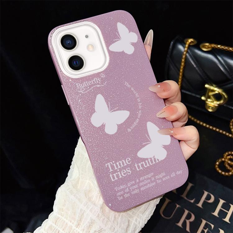 Custodia per telefono ibrida in PC e TPU con motivo a farfalle bianche e glitter IMD., For iPhone 13 Pro Max, For iPhone 13 Pro, For iPhone 13, For iPhone 12, For iPhone 12 Pro Max, For iPhone 12 Pro