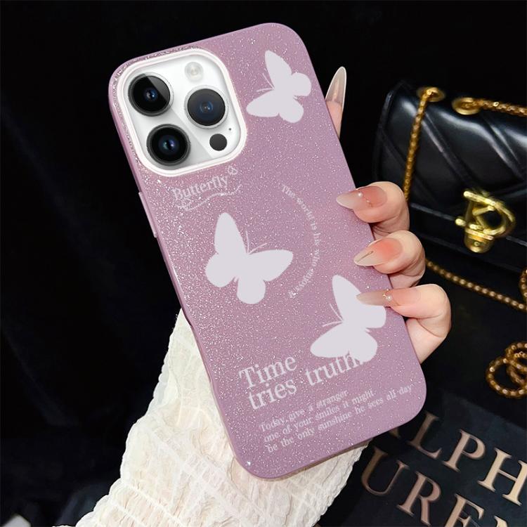Custodia per telefono ibrida in PC e TPU con motivo a farfalle bianche e glitter IMD., For iPhone 13 Pro Max, For iPhone 13 Pro, For iPhone 13, For iPhone 12, For iPhone 12 Pro Max, For iPhone 12 Pro