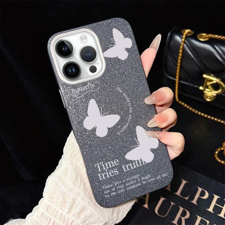 Custodia per telefono ibrida in PC e TPU con motivo a farfalle bianche e glitter IMD., For iPhone 13 Pro Max, For iPhone 13 Pro, For iPhone 13, For iPhone 12, For iPhone 12 Pro Max, For iPhone 12 Pro