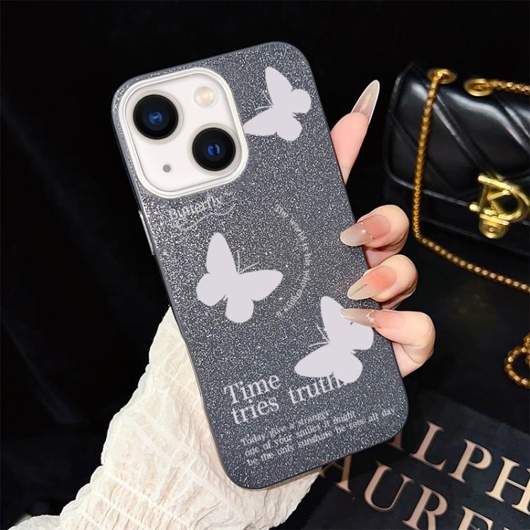 Custodia per telefono ibrida in PC e TPU con motivo a farfalle bianche e glitter IMD., For iPhone 15, For iPhone 14 Plus, For iPhone 14, For iPhone 14 Pro, For iPhone 14 Pro Max, For iPhone SE 2022 / SE 2020
