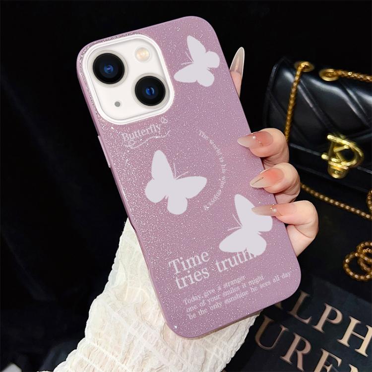 Custodia per telefono ibrida in PC e TPU con motivo a farfalle bianche e glitter IMD., For iPhone 15, For iPhone 14 Plus, For iPhone 14, For iPhone 14 Pro, For iPhone 14 Pro Max, For iPhone SE 2022 / SE 2020