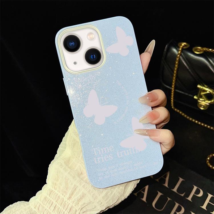 Custodia per telefono ibrida in PC e TPU con motivo a farfalle bianche e glitter IMD., For iPhone 15, For iPhone 14 Plus, For iPhone 14, For iPhone 14 Pro, For iPhone 14 Pro Max, For iPhone SE 2022 / SE 2020
