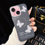 Custodia per telefono ibrida in PC e TPU con motivo a farfalle bianche e glitter IMD., For iPhone 16 Pro, For iPhone 16 Plus, For iPhone 16, For iPhone 15 Pro Max, For iPhone 15 Pro, For iPhone 15 Plus