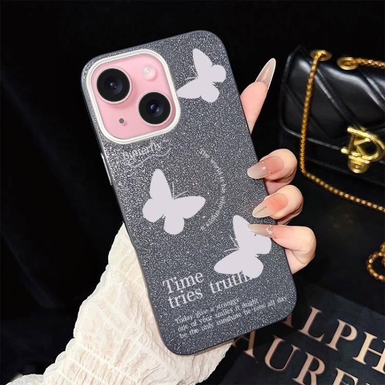 Custodia per telefono ibrida in PC e TPU con motivo a farfalle bianche e glitter IMD., For iPhone 16 Pro, For iPhone 16 Plus, For iPhone 16, For iPhone 15 Pro Max, For iPhone 15 Pro, For iPhone 15 Plus