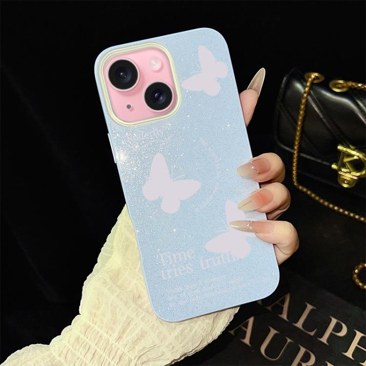 Custodia per telefono ibrida in PC e TPU con motivo a farfalle bianche e glitter IMD., For iPhone 16 Pro, For iPhone 16 Plus, For iPhone 16, For iPhone 15 Pro Max, For iPhone 15 Pro, For iPhone 15 Plus