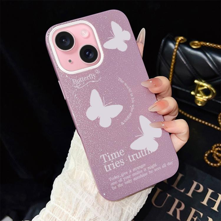 Custodia per telefono ibrida in PC e TPU con motivo a farfalle bianche e glitter IMD., For iPhone 16 Pro, For iPhone 16 Plus, For iPhone 16, For iPhone 15 Pro Max, For iPhone 15 Pro, For iPhone 15 Plus