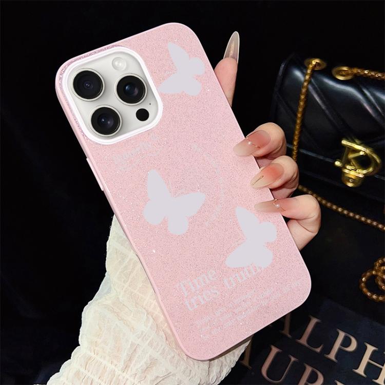 Custodia per telefono ibrida in PC e TPU con motivo a farfalle bianche e glitter IMD., For iPhone 16 Pro, For iPhone 16 Plus, For iPhone 16, For iPhone 15 Pro Max, For iPhone 15 Pro, For iPhone 15 Plus