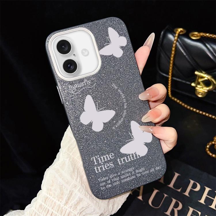 Custodia per telefono ibrida in PC e TPU con motivo a farfalle bianche e glitter IMD., For iPhone 16 Pro, For iPhone 16 Plus, For iPhone 16, For iPhone 15 Pro Max, For iPhone 15 Pro, For iPhone 15 Plus