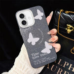 Custodia per telefono ibrida in PC e TPU con motivo a farfalle bianche e glitter IMD., For iPhone 16 Pro, For iPhone 16 Plus, For iPhone 16, For iPhone 15 Pro Max, For iPhone 15 Pro, For iPhone 15 Plus