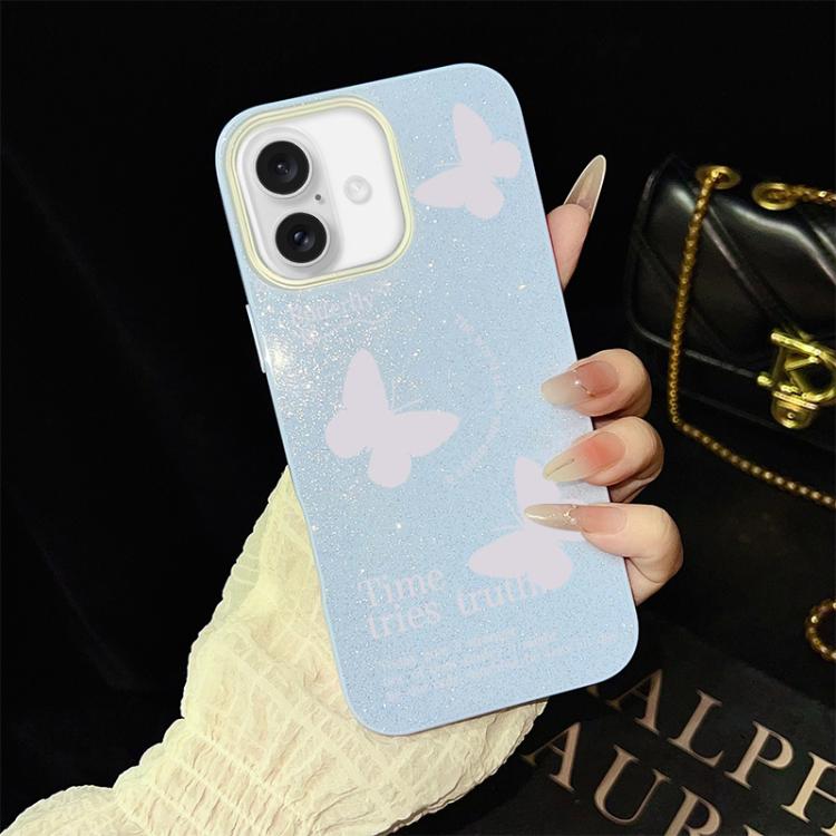Custodia per telefono ibrida in PC e TPU con motivo a farfalle bianche e glitter IMD., For iPhone 16 Pro, For iPhone 16 Plus, For iPhone 16, For iPhone 15 Pro Max, For iPhone 15 Pro, For iPhone 15 Plus