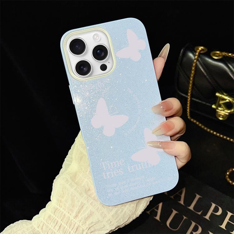 Custodia per telefono ibrida in PC e TPU con motivo a farfalle bianche e glitter IMD., For iPhone 16 Pro, For iPhone 16 Plus, For iPhone 16, For iPhone 15 Pro Max, For iPhone 15 Pro, For iPhone 15 Plus