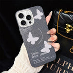 Custodia per telefono ibrida in PC e TPU con motivo a farfalle bianche e glitter IMD., For iPhone 17e / 16e, For iPhone 17 Pro Max, For iPhone 17 Pro, For iPhone 17, For iPhone Air, For iPhone 16 Pro Max