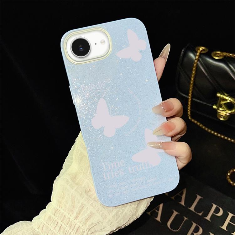 Custodia per telefono ibrida in PC e TPU con motivo a farfalle bianche e glitter IMD., For iPhone 17e / 16e, For iPhone 17 Pro Max, For iPhone 17 Pro, For iPhone 17, For iPhone Air, For iPhone 16 Pro Max