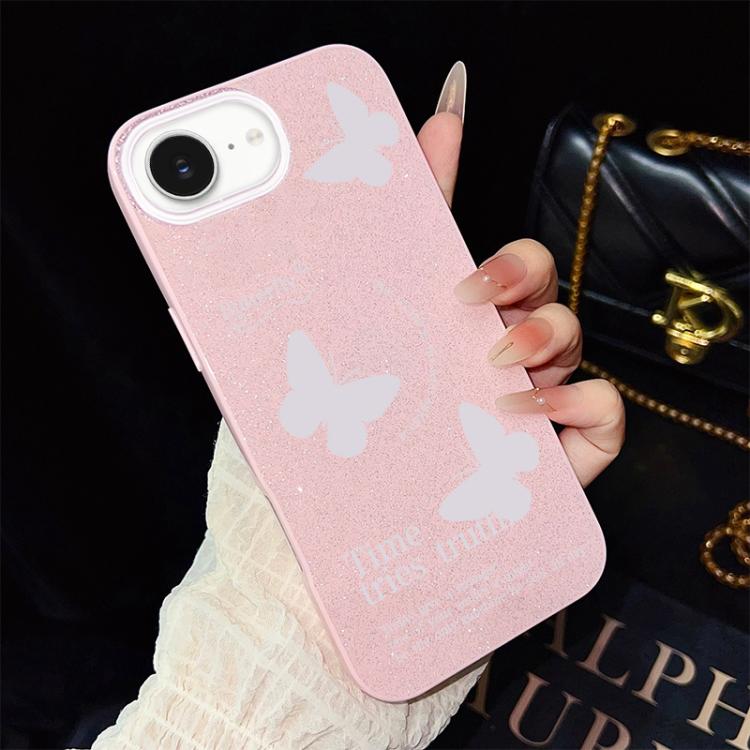 Custodia per telefono ibrida in PC e TPU con motivo a farfalle bianche e glitter IMD., For iPhone 17e / 16e, For iPhone 17 Pro Max, For iPhone 17 Pro, For iPhone 17, For iPhone Air, For iPhone 16 Pro Max