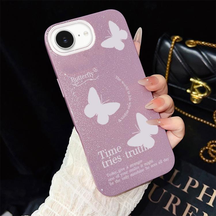 Custodia per telefono ibrida in PC e TPU con motivo a farfalle bianche e glitter IMD., For iPhone 17e / 16e, For iPhone 17 Pro Max, For iPhone 17 Pro, For iPhone 17, For iPhone Air, For iPhone 16 Pro Max