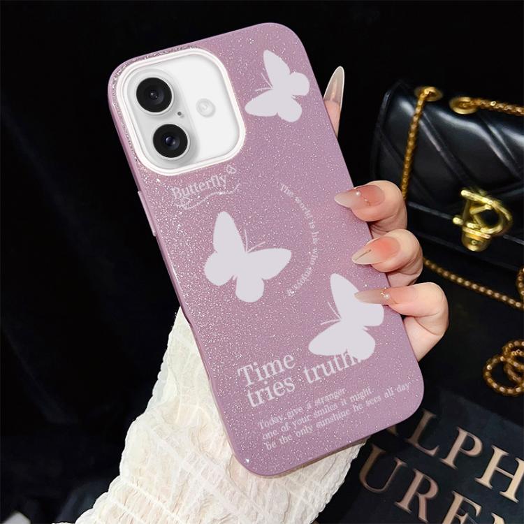 Custodia per telefono ibrida in PC e TPU con motivo a farfalle bianche e glitter IMD., For iPhone 17e / 16e, For iPhone 17 Pro Max, For iPhone 17 Pro, For iPhone 17, For iPhone Air, For iPhone 16 Pro Max