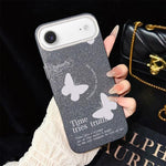 Custodia per telefono ibrida in PC e TPU con motivo a farfalle bianche e glitter IMD., For iPhone 17e / 16e, For iPhone 17 Pro Max, For iPhone 17 Pro, For iPhone 17, For iPhone Air, For iPhone 16 Pro Max