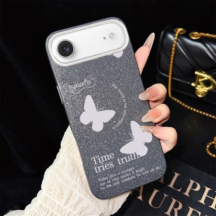 Custodia per telefono ibrida in PC e TPU con motivo a farfalle bianche e glitter IMD., For iPhone 17e / 16e, For iPhone 17 Pro Max, For iPhone 17 Pro, For iPhone 17, For iPhone Air, For iPhone 16 Pro Max