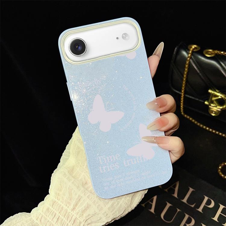 Custodia per telefono ibrida in PC e TPU con motivo a farfalle bianche e glitter IMD., For iPhone 17e / 16e, For iPhone 17 Pro Max, For iPhone 17 Pro, For iPhone 17, For iPhone Air, For iPhone 16 Pro Max