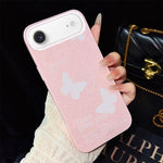 Custodia per telefono ibrida in PC e TPU con motivo a farfalle bianche e glitter IMD., For iPhone 17e / 16e, For iPhone 17 Pro Max, For iPhone 17 Pro, For iPhone 17, For iPhone Air, For iPhone 16 Pro Max