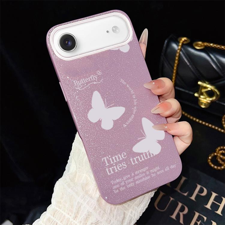 Custodia per telefono ibrida in PC e TPU con motivo a farfalle bianche e glitter IMD., For iPhone 17e / 16e, For iPhone 17 Pro Max, For iPhone 17 Pro, For iPhone 17, For iPhone Air, For iPhone 16 Pro Max