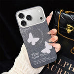 Custodia per telefono ibrida in PC e TPU con motivo a farfalle bianche e glitter IMD., For iPhone 17e / 16e, For iPhone 17 Pro Max, For iPhone 17 Pro, For iPhone 17, For iPhone Air, For iPhone 16 Pro Max