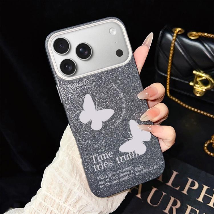 Custodia per telefono ibrida in PC e TPU con motivo a farfalle bianche e glitter IMD., For iPhone 17e / 16e, For iPhone 17 Pro Max, For iPhone 17 Pro, For iPhone 17, For iPhone Air, For iPhone 16 Pro Max