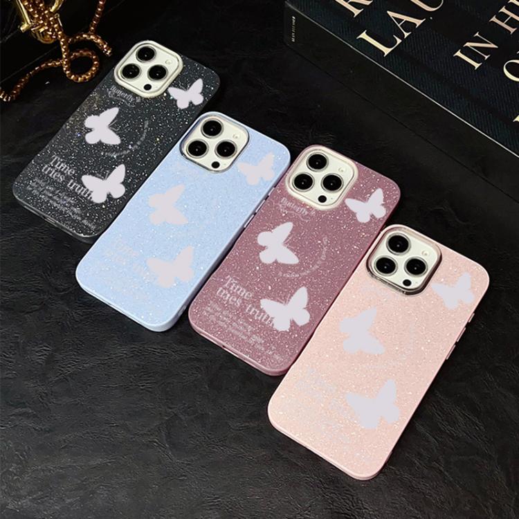 Custodia per telefono ibrida in PC e TPU con motivo a farfalle bianche e glitter IMD., For iPhone 13 Pro Max, For iPhone 13 Pro, For iPhone 13, For iPhone 12, For iPhone 12 Pro Max, For iPhone 12 Pro