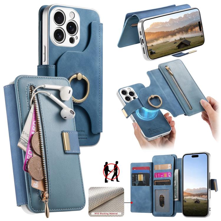Portafoglio con cerniera, anello con bordo argentato e foro di precisione, blocco RFID, custodia magnetica in pelle vegana per telefono., For iPhone 17e / 16e, For iPhone 16 Pro Max, For iPhone 16 Pro