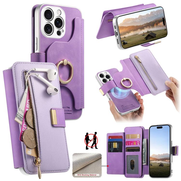 Portafoglio con cerniera, anello con bordo argentato e foro di precisione, blocco RFID, custodia magnetica in pelle vegana per telefono., For iPhone 17e / 16e, For iPhone 16 Pro Max, For iPhone 16 Pro
