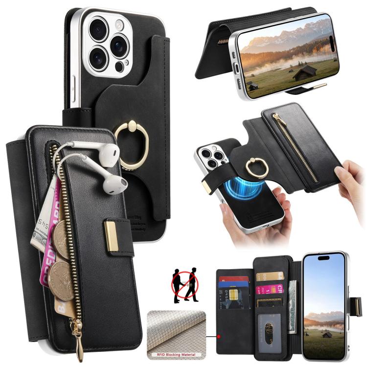 Portafoglio con cerniera, anello con bordo argentato e foro di precisione, blocco RFID, custodia magnetica in pelle vegana per telefono., For iPhone 17e / 16e, For iPhone 16 Pro Max, For iPhone 16 Pro