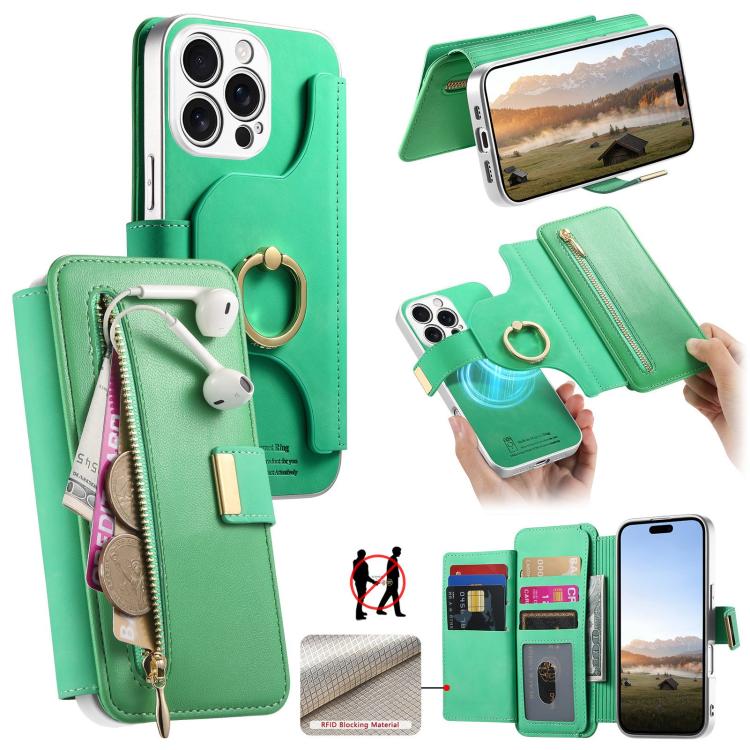 Portafoglio con cerniera, anello con bordo argentato e foro di precisione, blocco RFID, custodia magnetica in pelle vegana per telefono., For iPhone 17e / 16e, For iPhone 16 Pro Max, For iPhone 16 Pro