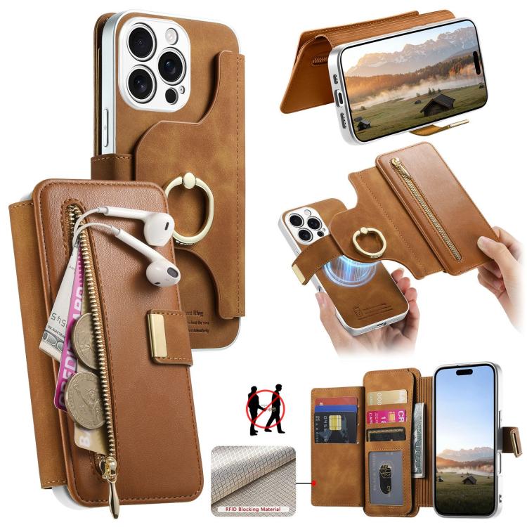 Portafoglio con cerniera, anello con bordo argentato e foro di precisione, blocco RFID, custodia magnetica in pelle vegana per telefono., For iPhone 17e / 16e, For iPhone 16 Pro Max, For iPhone 16 Pro