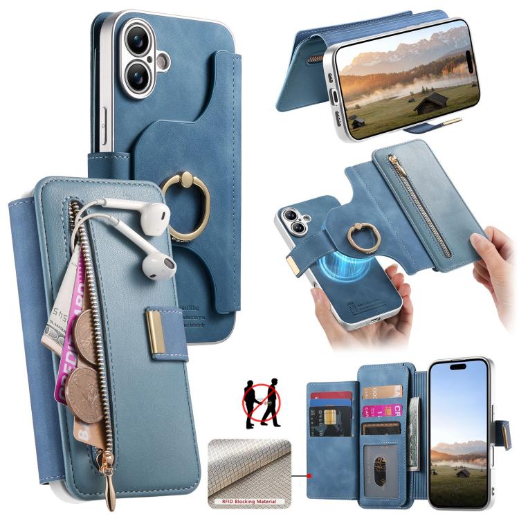 Portafoglio con cerniera, anello con bordo argentato e foro di precisione, blocco RFID, custodia magnetica in pelle vegana per telefono., For iPhone 16 Plus, For iPhone 16, For iPhone 15 Pro Max